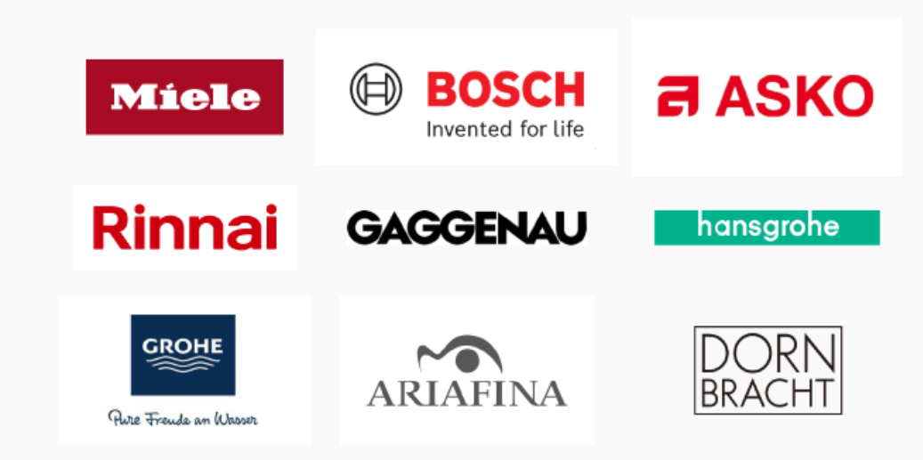 取り扱い海外ブランド:Miele・BOSCH・ASKO・Rinnai・GAGGENAU・hansgrohe・GROHE・ARIAFINA・DORNBRACHT