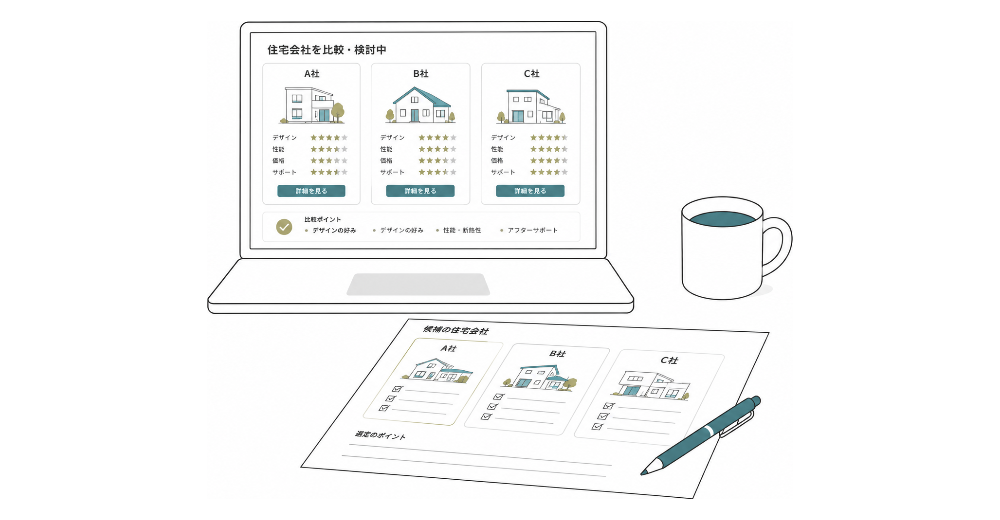 ノートパソコンと間取り図を前に、家・間取り・照明を思い描きながら相談するご夫婦